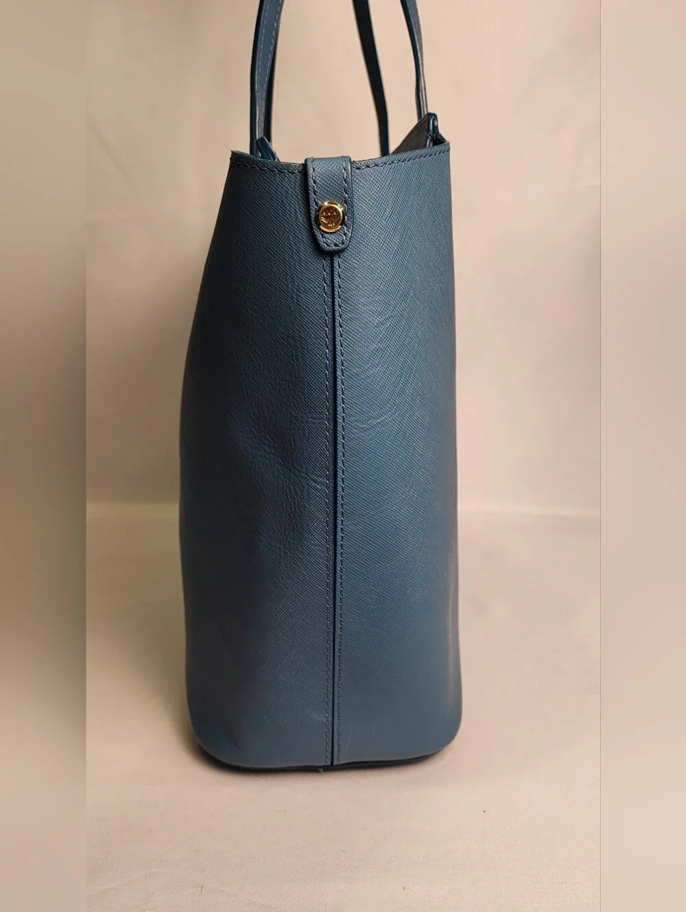 Blue MCM Saffiano Leather Shopper Tote Bag Matching Detachable Pouch Gold - Picture 4 of 16